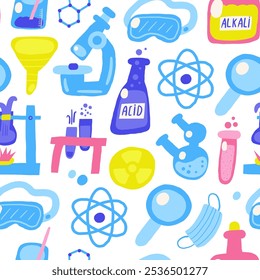 Lindo tema de ciencia sin patrón. Divertido dibujado a mano doodle patrón repetible con frasco de química, tubo de ensayo, ácido, líquido, microscopio, estructura del átomo, lente de aumento, máscara, álcali, radiación, vidrio