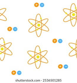 Cute science theme seamless pattern. Funny hand drawn doodle repeatable pattern with physics atom structure, proton, neutron. Science, technology background