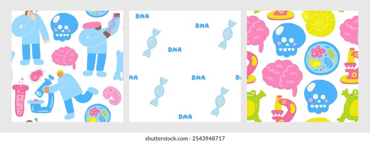 Cute science theme seamless pattern. Funny hand drawn doodle repeatable pattern with biology, chemistry pattern with microscope, virus, bacteria, brain, skull, dna, scientist, embryo.