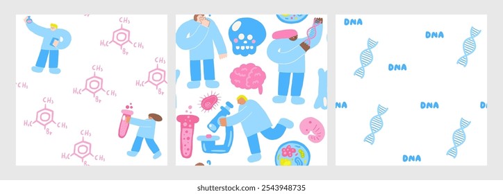 Cute science theme seamless pattern. Funny hand drawn doodle repeatable biology, chemistry pattern with microscope, virus, bacteria, brain, skull, dna, scientist, embryo. Science background