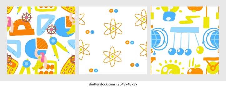 Tema de ciência bonito padrão sem emenda. Padrão repetitivo de doodle desenhado à mão engraçada com raio físico, força, gráfico, pêndulo, bulbo, bateria, gravitação, mecânica. Histórico de tecnologia científica