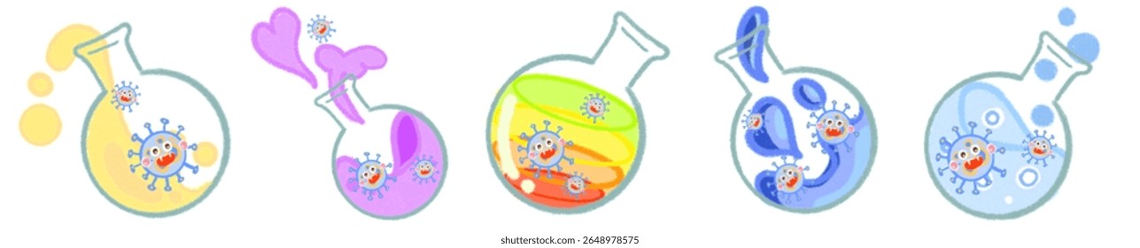 Caracteres lindos del virus de la Ciencia en frascos de laboratorio para el arte de aprendizaje divertido