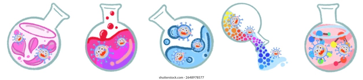 Caracteres lindos del virus de la Ciencia en frascos de laboratorio para el arte de aprendizaje divertido