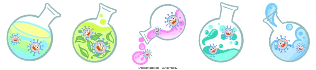 Cute Science Virus Characters in Laboratory Flasks for Fun Learning Art