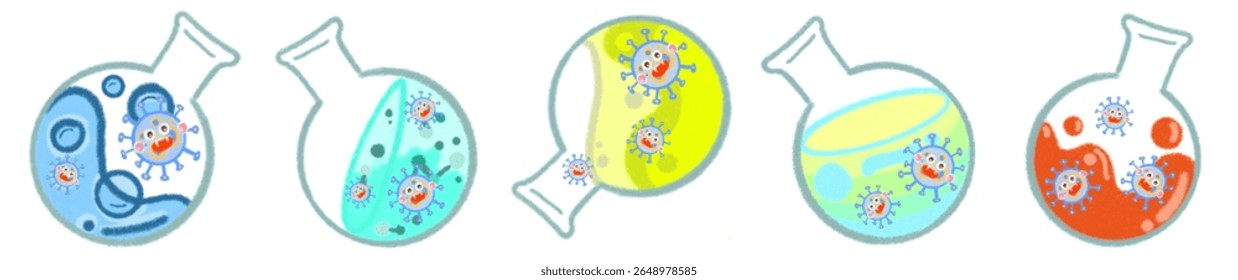 Caracteres lindos del virus de la Ciencia en frascos de laboratorio para el arte de aprendizaje divertido