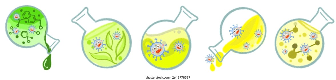 Caracteres lindos del virus de la Ciencia en frascos de laboratorio para el arte de aprendizaje divertido