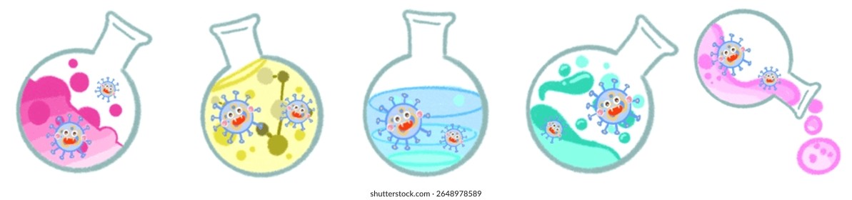 Cute Science Virus Characters in Laboratory Flasks for Fun Learning Art