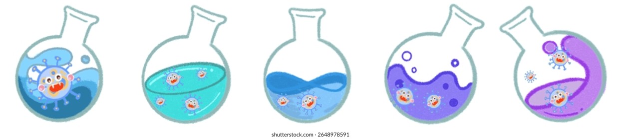 Cute Science Virus Characters in Laboratory Flasks for Fun Learning Art