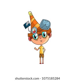 Cute scientist boy character working on science experiment, funny kid in fantastic headdress with experimental equipment vector Illustration on a white background