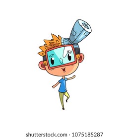 Cute scientist boy character working on science experiment, funny kid in fantastic headdress with antenna and mask vector Illustration on a white background