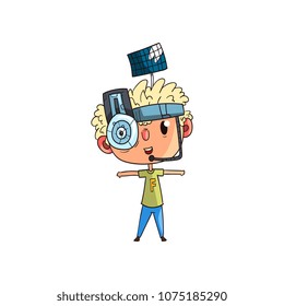 Cute scientist boy character working on science experiment set, funny kid in fantastic headdress with antenna and lens vector Illustration on a white background