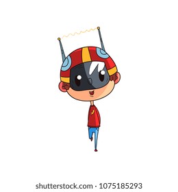 Cute scientist boy character working on science experiment, funny kid in fantastic headdress vector Illustration on a white background