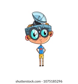 Cute scientist boy character working on physics science experiment, funny kid in fantastic headdress with antenna and glasses vector Illustration on a white background