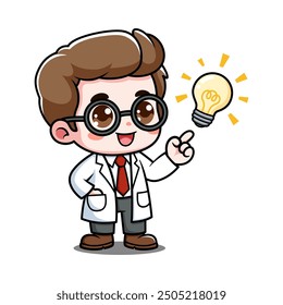 Cute Scientist Cartoon Character With Lighbulb