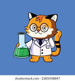 Cute Scientist Cat Cartoon Sticker vector Illustration