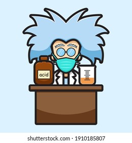 Cute scientist character wearing mask experiment dangerous chemical cartoon vector icon illustration. Science technology icon concept isolated vector. Flat cartoon style