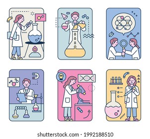 Cute Scientist Characters Are Doing Various Experiments With Their Own Experimental Equipment. Flat Design Style Minimal Vector Illustration.