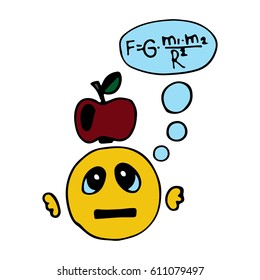 Cute scientist with Falling apple emoticon say Mathematical formula. Emoji, smiley - vector sign illustration. Cartoon Coloring book page