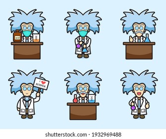 Cute scientist with many experiment cartoon vector icon illustration. Science technology icon concept isolated vector. Flat cartoon style