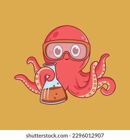 Cute scientist octopus Cartoon Sticker vector Illustration