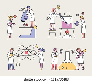 Cute Scientists Are Doing A Variety Of Experiments With Large Experimental Instruments. Flat Design Style Minimal Vector Illustration.