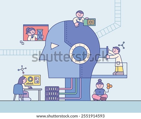 Cute scientists are studying a giant robot head. Cuttiny character with outline.