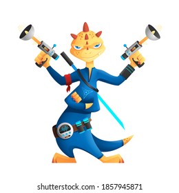 Cute sci-fi four-handed alien in the blue jumpsuit with guns and sword.
