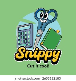 Cute scissor back to school in retro cartoon character illustration