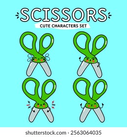 Cute Scissors characters set with playful expressions and actions. Vector hand drawn doodle style cartoon character illustration. Isolated on blue background. Scissors mascot character collection