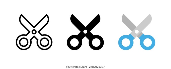 Nette Schere Icon Set. Symbol ausschneiden. Cartoon-Stil Papierschere Vektorillustration. Schulschere signiert. Piktogramm für Friseur. Farbige Babyschere Symbol isoliert.