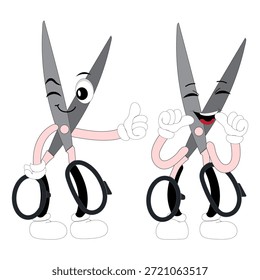 Carácter lindo de la mascota de las tijeras con expresiones faciales divertidas. Ilustración de estilo de dibujos animados aislados sobre fondo blanco, adecuado para educación, artesanía, bricolaje, papelería, niños y conceptos de diseño creativo.