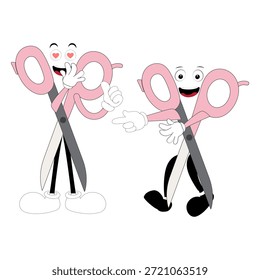Nette Schere Maskottchen Charakter mit lustigen Gesichtsausdrücken. Cartoon-Illustration einzeln auf weißem Hintergrund, geeignet für Bildung, Handwerk, Heimwerken, Schreibwaren, Kinder und kreative Designkonzepte.
