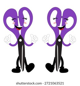 Carácter lindo de la mascota de las tijeras con expresiones faciales divertidas. Ilustración de estilo de dibujos animados aislados sobre fondo blanco, adecuado para educación, artesanía, bricolaje, papelería, niños y conceptos de diseño creativo.