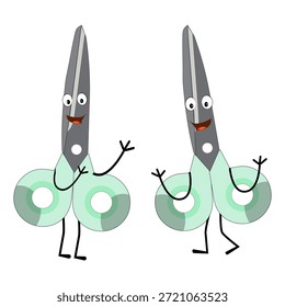 Carácter lindo de la mascota de las tijeras con expresiones faciales divertidas. Ilustración de estilo de dibujos animados aislados sobre fondo blanco, adecuado para educación, artesanía, bricolaje, papelería, niños y conceptos de diseño creativo.