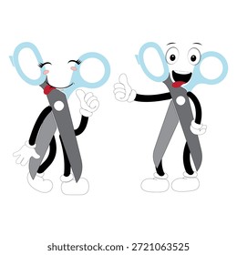 Carácter lindo de la mascota de las tijeras con expresiones faciales divertidas. Ilustración de estilo de dibujos animados aislados sobre fondo blanco, adecuado para educación, artesanía, bricolaje, papelería, niños y conceptos de diseño creativo.