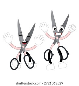 Nette Schere Maskottchen Charakter mit lustigen Gesichtsausdrücken. Cartoon-Illustration einzeln auf weißem Hintergrund, geeignet für Bildung, Handwerk, Heimwerken, Schreibwaren, Kinder und kreative Designkonzepte.