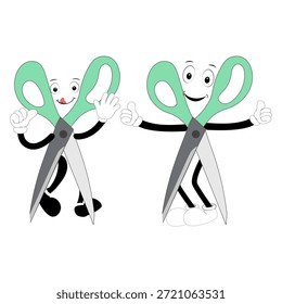 Nette Schere Maskottchen Charakter mit lustigen Gesichtsausdrücken. Cartoon-Illustration einzeln auf weißem Hintergrund, geeignet für Bildung, Handwerk, Heimwerken, Schreibwaren, Kinder und kreative Designkonzepte.