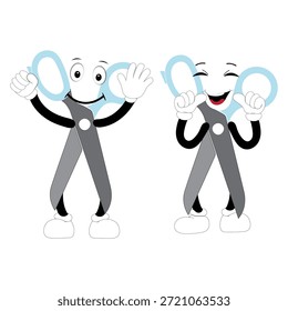Nette Schere Maskottchen Charakter mit lustigen Gesichtsausdrücken. Cartoon-Illustration einzeln auf weißem Hintergrund, geeignet für Bildung, Handwerk, Heimwerken, Schreibwaren, Kinder und kreative Designkonzepte.