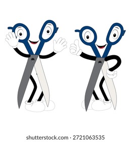 Carácter lindo de la mascota de las tijeras con expresiones faciales divertidas. Ilustración de estilo de dibujos animados aislados sobre fondo blanco, adecuado para educación, artesanía, bricolaje, papelería, niños y conceptos de diseño creativo.