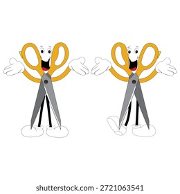 Carácter lindo de la mascota de las tijeras con expresiones faciales divertidas. Ilustración de estilo de dibujos animados aislados sobre fondo blanco, adecuado para educación, artesanía, bricolaje, papelería, niños y conceptos de diseño creativo.
