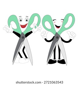 Nette Schere Maskottchen Charakter mit lustigen Gesichtsausdrücken. Cartoon-Illustration einzeln auf weißem Hintergrund, geeignet für Bildung, Handwerk, Heimwerken, Schreibwaren, Kinder und kreative Designkonzepte.