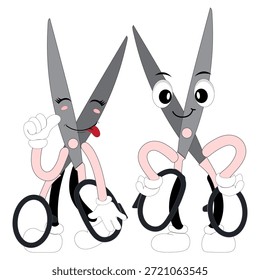 Carácter lindo de la mascota de las tijeras con expresiones faciales divertidas. Ilustración de estilo de dibujos animados aislados sobre fondo blanco, adecuado para educación, artesanía, bricolaje, papelería, niños y conceptos de diseño creativo.