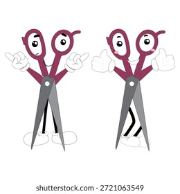 Carácter lindo de la mascota de las tijeras con expresiones faciales divertidas. Ilustración de estilo de dibujos animados aislados sobre fondo blanco, adecuado para educación, artesanía, bricolaje, papelería, niños y conceptos de diseño creativo.