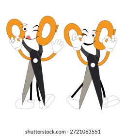 Carácter lindo de la mascota de las tijeras con expresiones faciales divertidas. Ilustración de estilo de dibujos animados aislados sobre fondo blanco, adecuado para educación, artesanía, bricolaje, papelería, niños y conceptos de diseño creativo.