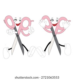 Nette Schere Maskottchen Charakter mit lustigen Gesichtsausdrücken. Cartoon-Illustration einzeln auf weißem Hintergrund, geeignet für Bildung, Handwerk, Heimwerken, Schreibwaren, Kinder und kreative Designkonzepte.