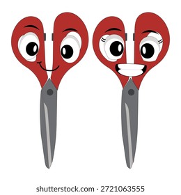 Nette Schere Maskottchen Charakter mit lustigen Gesichtsausdrücken. Cartoon-Illustration einzeln auf weißem Hintergrund, geeignet für Bildung, Handwerk, Heimwerken, Schreibwaren, Kinder und kreative Designkonzepte.