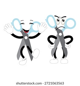 Carácter lindo de la mascota de las tijeras con expresiones faciales divertidas. Ilustración de estilo de dibujos animados aislados sobre fondo blanco, adecuado para educación, artesanía, bricolaje, papelería, niños y conceptos de diseño creativo.