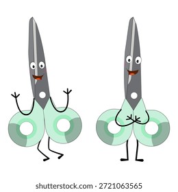 Carácter lindo de la mascota de las tijeras con expresiones faciales divertidas. Ilustración de estilo de dibujos animados aislados sobre fondo blanco, adecuado para educación, artesanía, bricolaje, papelería, niños y conceptos de diseño creativo.