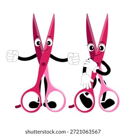 Carácter lindo de la mascota de las tijeras con expresiones faciales divertidas. Ilustración de estilo de dibujos animados aislados sobre fondo blanco, adecuado para educación, artesanía, bricolaje, papelería, niños y conceptos de diseño creativo.