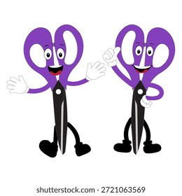 Carácter lindo de la mascota de las tijeras con expresiones faciales divertidas. Ilustración de estilo de dibujos animados aislados sobre fondo blanco, adecuado para educación, artesanía, bricolaje, papelería, niños y conceptos de diseño creativo.